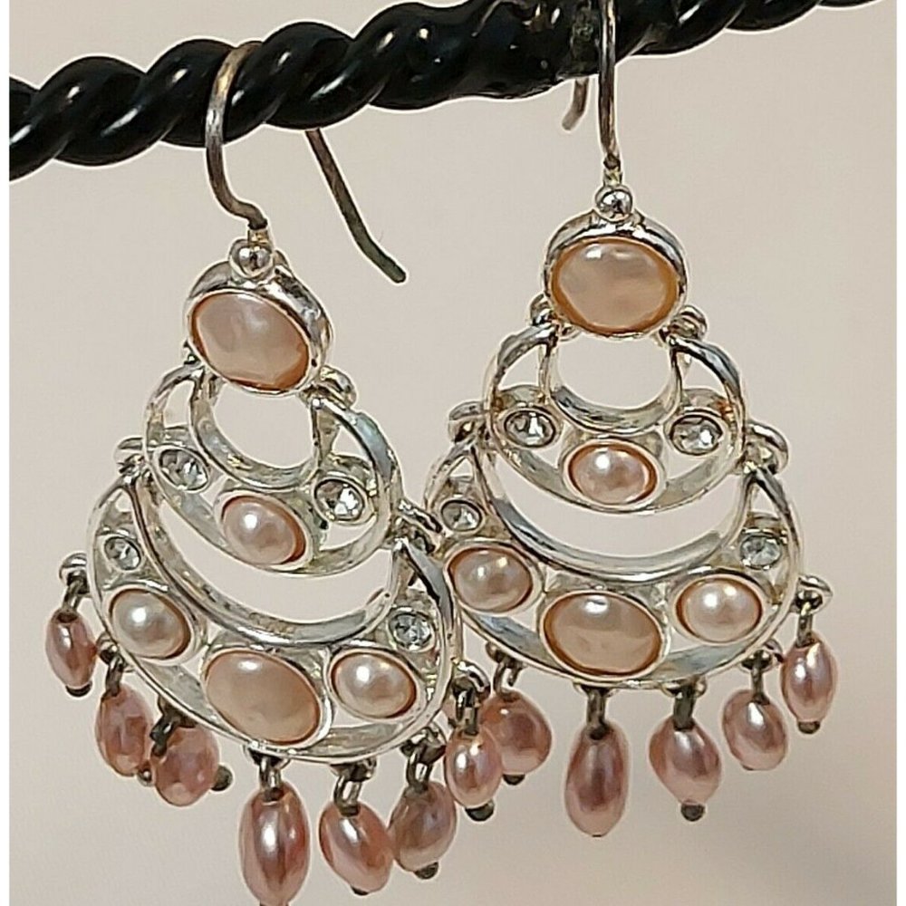 Vintage Silver Tone Faux Pink Pearls Rhinestones Chandelier Earrings Signed Le